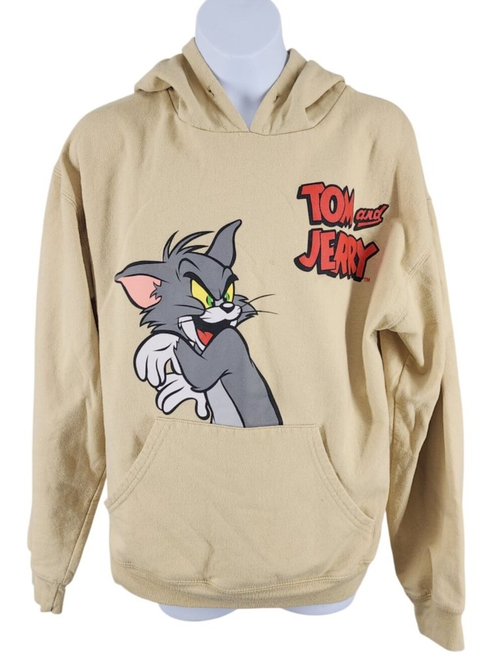 Unisex Tom And Jerry Double Sided Pullover Hoodie Sweatshirt Tan Size Small